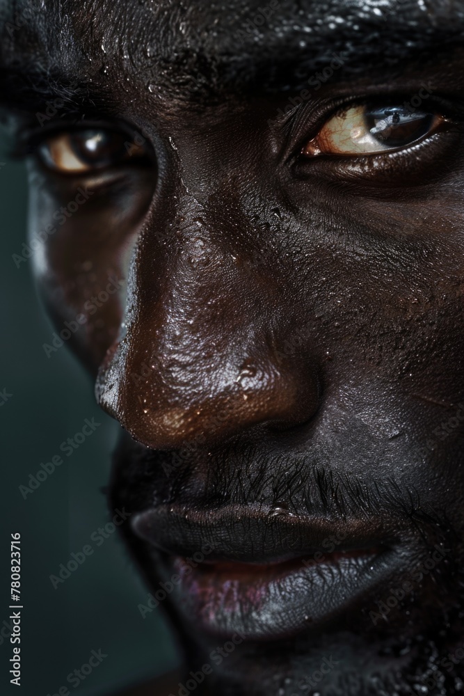 Poster Close up of a man with black paint on his face. Suitable for Halloween or artistic concepts