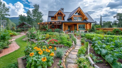 log cabin house, beautiful vegetable garden  - obrazy, fototapety, plakaty