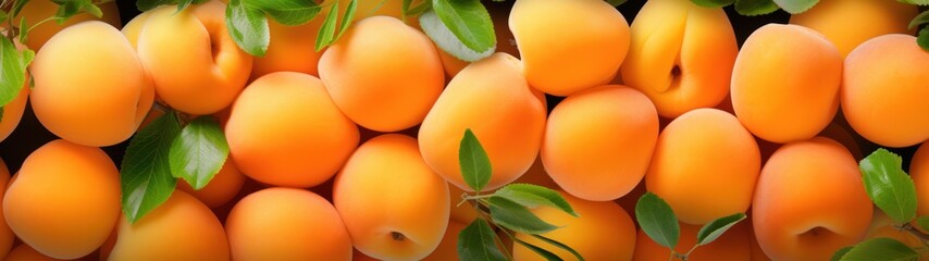 A bunch of ripe apricots with a few green leaves.