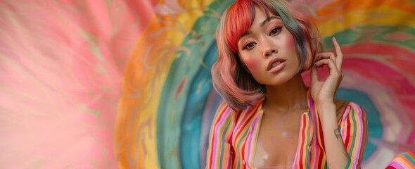 Obraz na płótnie Canvas Pride Month Whimsy: Fashion-forward woman with LGBTQ flag-inspired bob and colorful stripes celebrates diversity