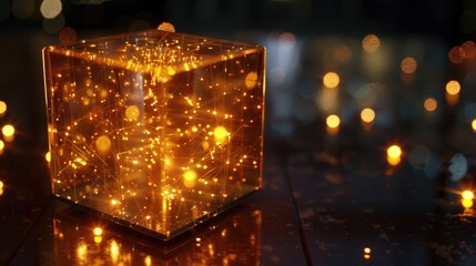 A modern glowing light cube on a rustic wooden table. Perfect for technology or interior design concepts