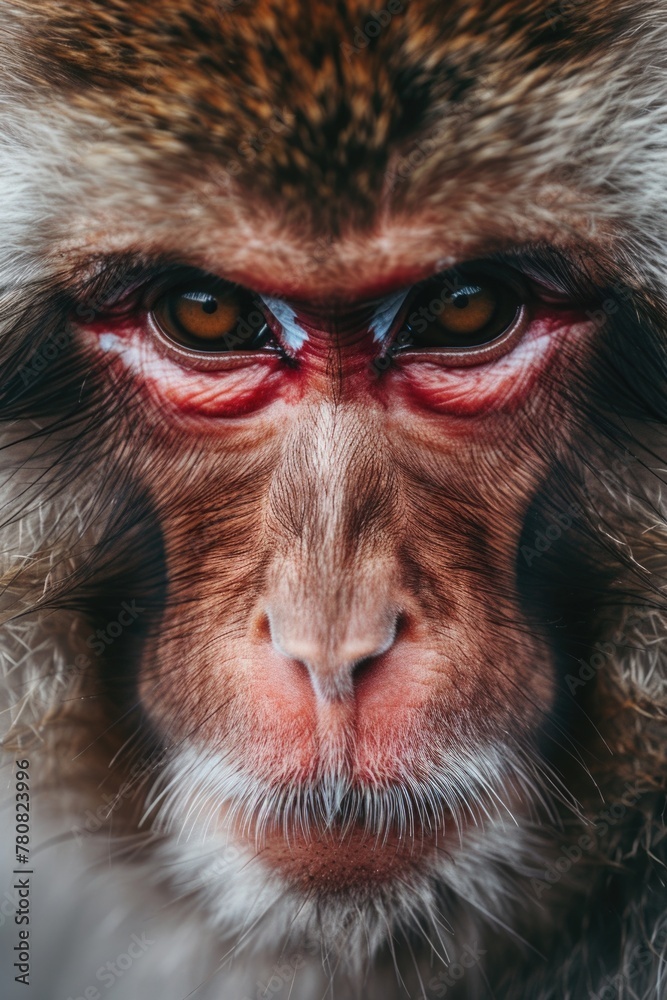 Poster close up of a monkey's face with striking red eyes, suitable for various creative projects