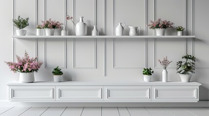 3D mockup of white empty cabinet with shelves on the wall. Kitchen furniture or bookshelf for office and home. Shop, gallery showcase. Blank retail storage space. Interior design furniture