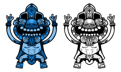 Guerrero azul haciendo cuernos y con máscara de estilo inca o maya - obrazy, fototapety, plakaty