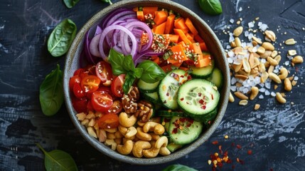 Fresh assortment of vegetables and nuts, perfect for a healthy snack or meal prep - obrazy, fototapety, plakaty
