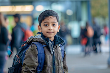  Portrait of young Indian boy with backpack standing in school or education center. Immigrant education and integration.  AI Generated