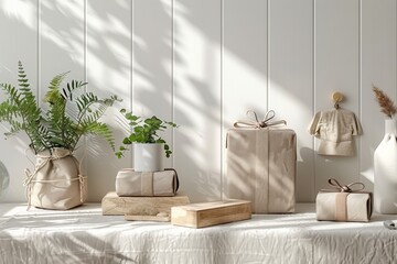 White background with eco packaging, sustainable living products highlighted, clean setup.