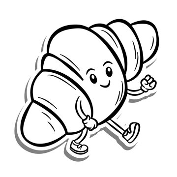 recommend clip art: Black line Retro Cartoon Croissant Walking on white silhouette and gray shadow. Doodle Style Vector illustration for decorate, coloring and any design.