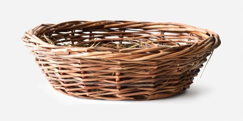 A simple wicker basket on a plain white background. Perfect for product photography or minimalistic design projects - obrazy, fototapety, plakaty