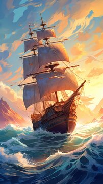 A ship sails through a body of water with large waves. The sky is a mix of orange and blue, and there are clouds.