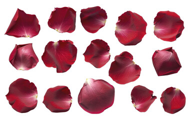Set of red rose flowers petals on transparent background, png