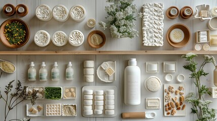 Bioplastic items on a white backdrop present eco-friendly materials with a clean, modern design.