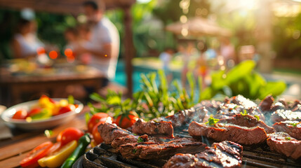 Grilled picanha with fresh vegetables, on an outdoor lunch with family and children playing in a sunny garden with pool