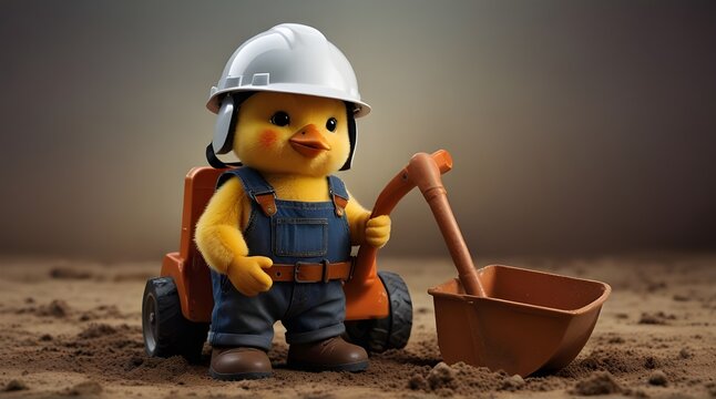 Cute cool chick manual worker digger with helmet and spade funny image
 .Generative AI
