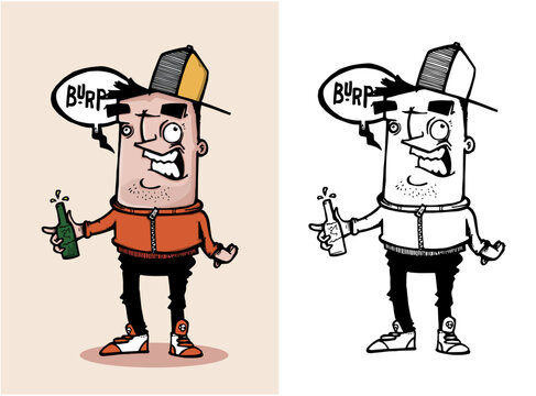Personaje un poco mareado, tomando una cerveza y eruptando