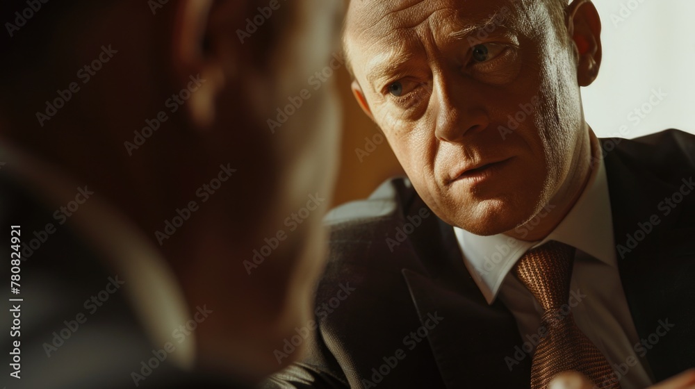 Poster a close up image of a person wearing a suit and tie. suitable for business or professional concepts