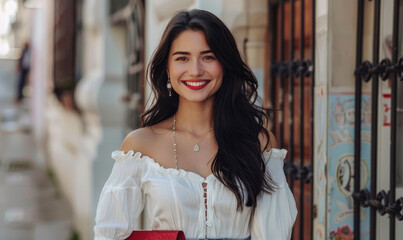 A beautiful smiling woman holding a red bag