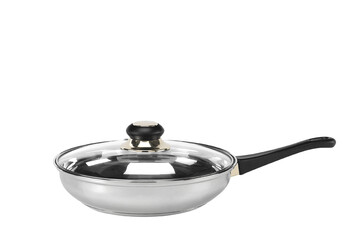 stainless steel frying pan with glass lid on white background and space for text