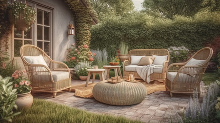 Fototapeta premium Beautiful backyard patio area with wicker furniture set