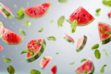 Watermelon Slices and Mint Leaves in Mid-Air