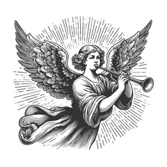 angel with majestic wings playing a horn trumpet, set against radiant light sketch engraving generative ai fictional character vector illustration. Scratch board imitation. Black and white image.