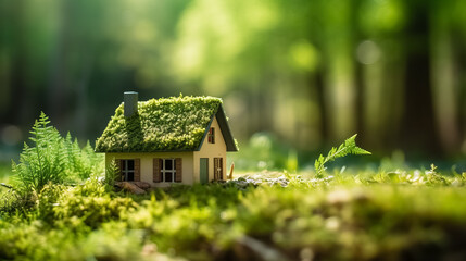 Fototapeta na wymiar Eco house. Green and environmentally friendly housing concept. Miniature wooden house in spring grass, moss and ferns on a sunny day