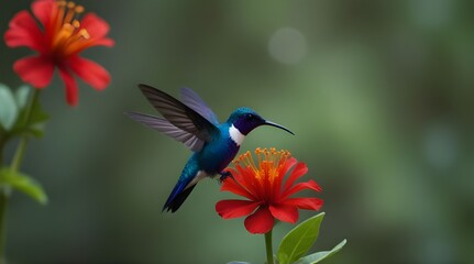 Blue hummingbird Violet Sabrewing flying next to beautiful red flower. Tinny bird fly in jungle. Wildlife in tropic Costa Rica .Generative AI