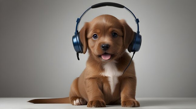 Bordeaux puppy dog with phone headset isolated on beauty background .Generative AI