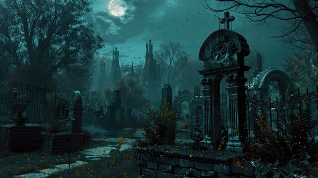 A spooky cemetery with a prominent clock tower. Perfect for Halloween themes or horror concepts