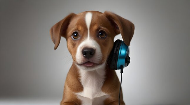 Bordeaux puppy dog with phone headset isolated on beauty background .Generative AI