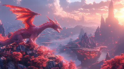A majestic dragon glides over a stunning fantasy landscape, the air aglow with the warmth of a setting sun