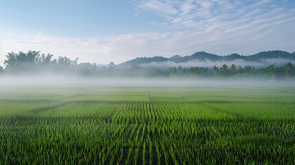 Fototapeta premium A peaceful green grass field with trees in the background. Suitable for nature and outdoor themes