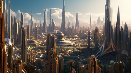 Futuristic cityscape, with towering structures and advanced technology - obrazy, fototapety, plakaty