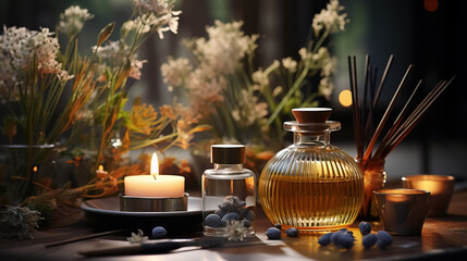 Beautiful composition featuring a spa set with burning candles and an aromatic reed diffuser on the table
