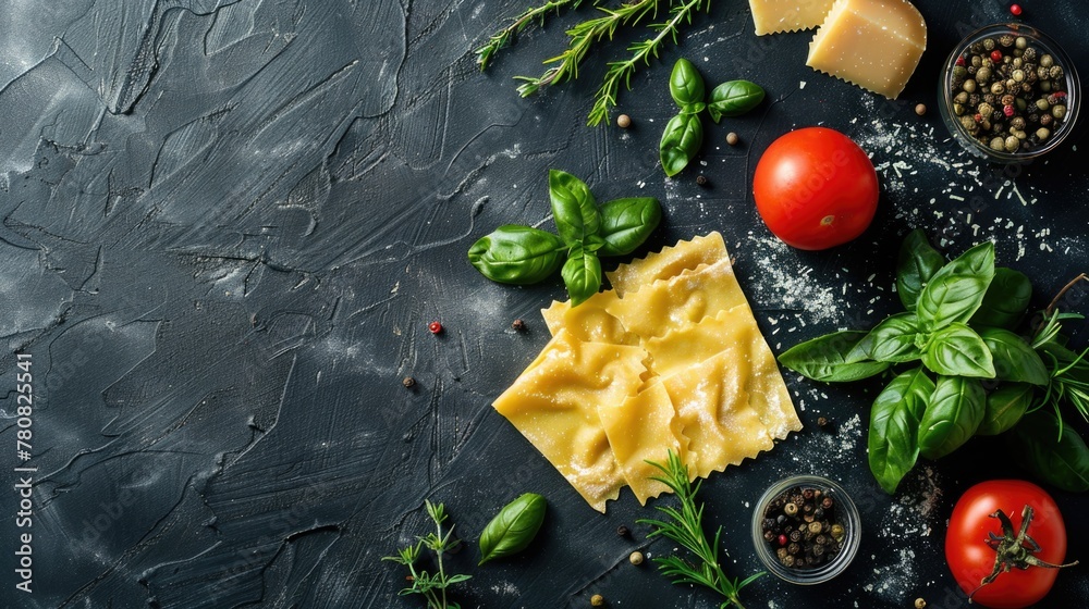 Poster various types of food displayed on a black table. great for food and beverage concepts