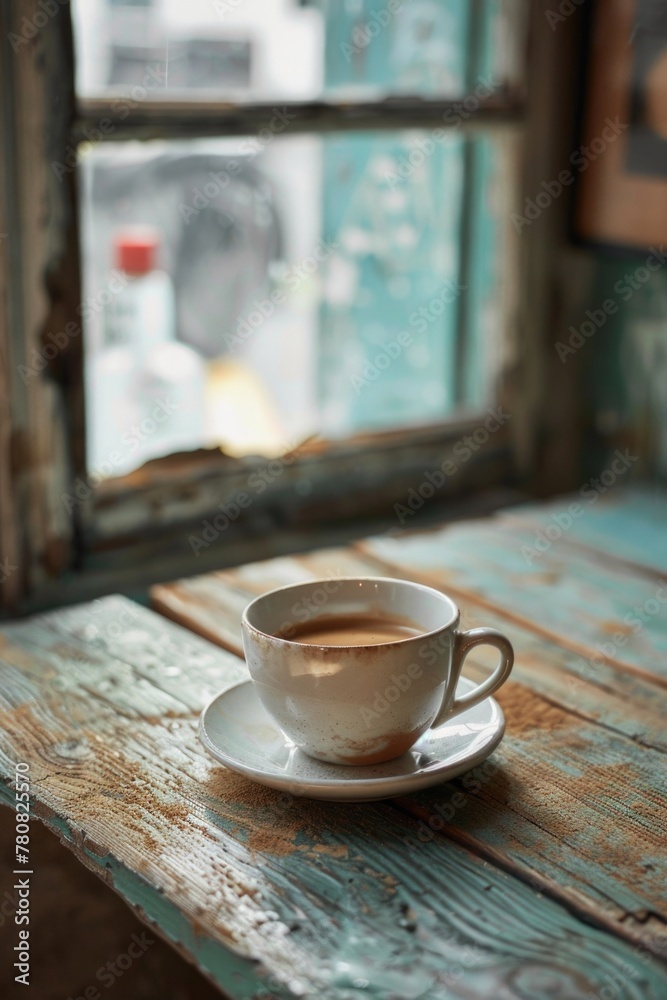 Poster A simple image of a cup of coffee on a wooden table. Suitable for various coffee-related projects