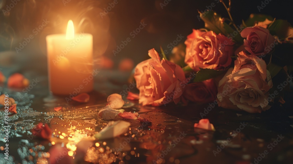 Leinwandbilder a simple arrangement of a candle and flowers on a table. suitable for various occasions and events