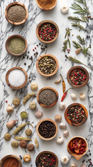 Assorted Herbs and Spices on White Marble Background