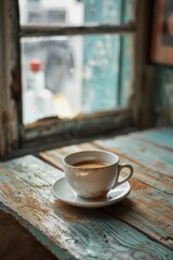 Fototapeta premium A simple image of a cup of coffee on a wooden table. Suitable for various coffee-related projects