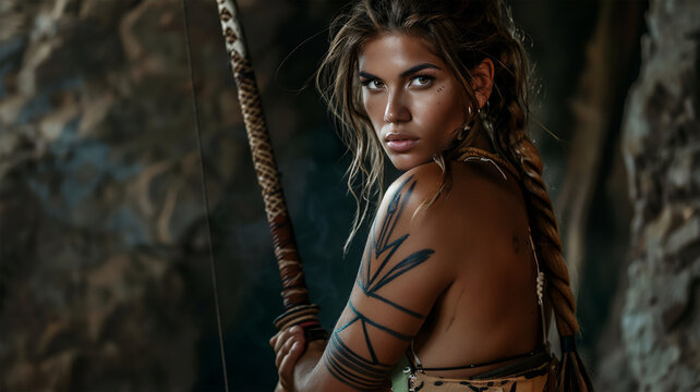 Prehistoric girl with a pleasant appearance adorned with body tattoos, featuring beautiful facial features, reflecting ancient cultural practices and natural beauty