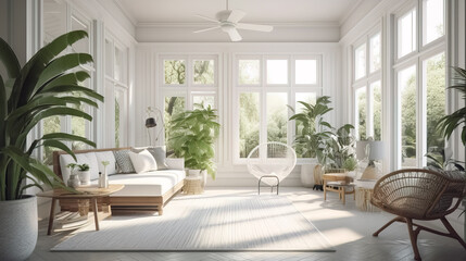 beautiful Bright and airy sunroom with a white wicker sofa, a tropical leaf print
