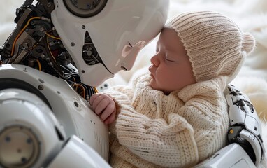 A newborn baby is cradled gently by the arm of a sophisticated humanoid robot, highlighting the juxtaposition of human life and robotic technology
