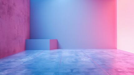 Minimalistic corner of a room with gradient lighting effects going from blue to pink, illuminating the walls and floor - obrazy, fototapety, plakaty