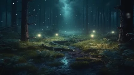 Store enrouleur occultant Forêt des fées Fantasy forest at night, magic lights and fireflies in fairytale wood