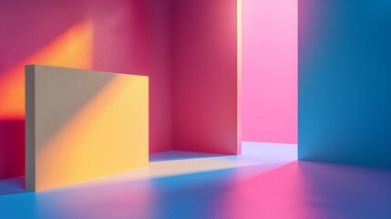 Abstract representation of a room with a beige rectangular panel standing vertically with colorful walls and lighting effects