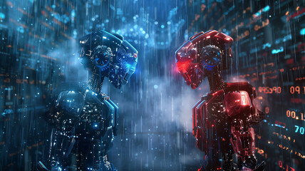 Two robots against each other, blue and red color, digital code in the form of rain on the background. light haze of fog. - obrazy, fototapety, plakaty