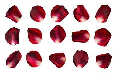 Set of red rose flowers petals on transparent background, png	