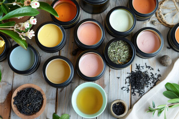  an assortment of premium small tea tins, with a tea cup and loose leaves around, shot from above