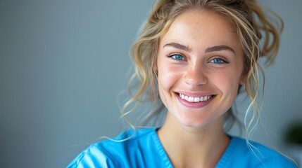 Young female nurse in blue smiling on silver background, copy space