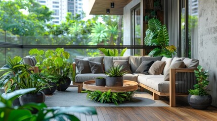 Fototapeta premium a stylish balcony is adorned with elegant furniture and lush greenery, creating a serene outdoor retreat 
